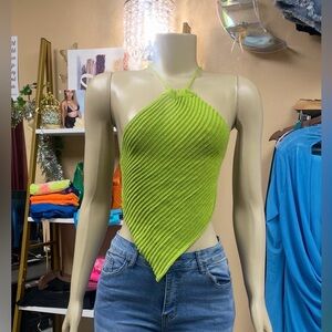 Green Halter Neck Ribbed Women Top
